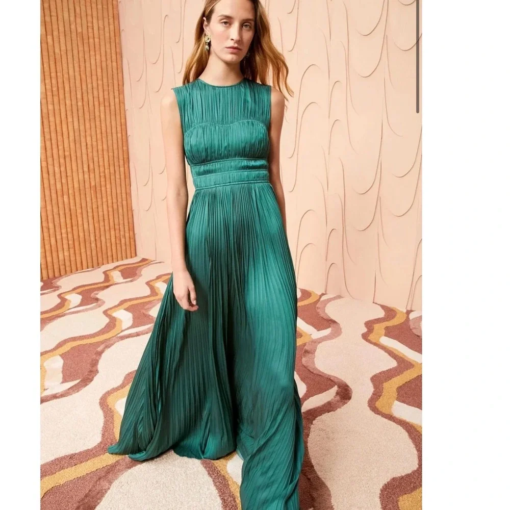 Ulla Johnson Delia Gown Jadeite Green Pleated Satin Maxi Dress Sleeveless Gown - Picture 1 of 10